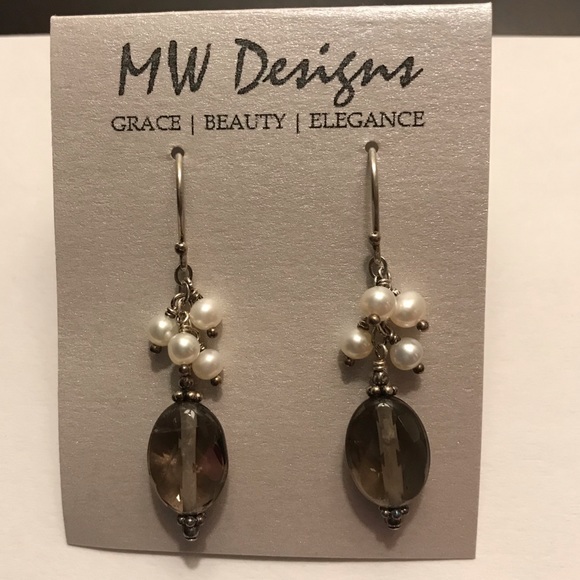 Handmade Smokey Quartz and Pearl Earrings - Picture 2 of 3